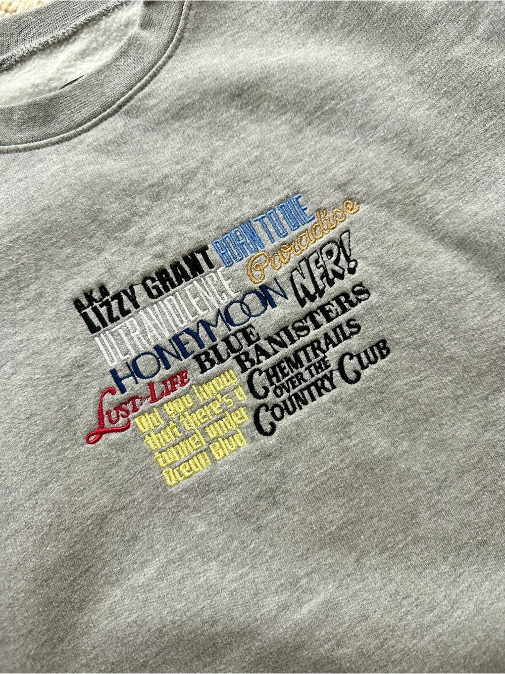 Lana Del Rey Embroidered Album Titles Grey Long Sleeve Sweatshirt- size M